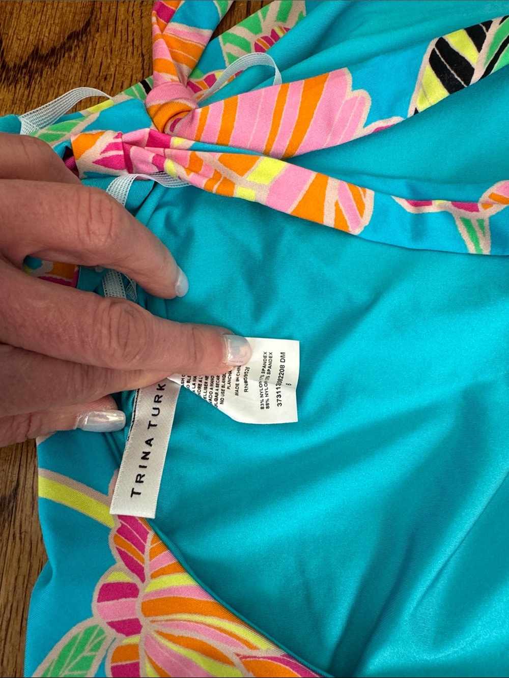 Trina Turk Turquoise One-Piece Swimsuit with Pink & Orange Floral Print size 6 - Picture 3 of 4